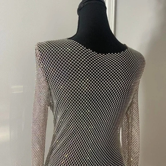 Gold multicolor chainmail mesh long sleeve dress - Picture 8 of 9